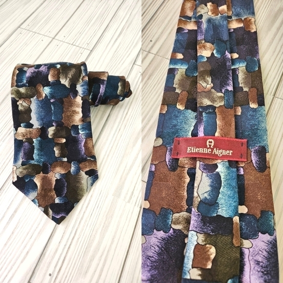 Vintage Etienne Aigner Abstract Silk Wide Necktie in Agean Blue and Brown - Picture 1 of 7